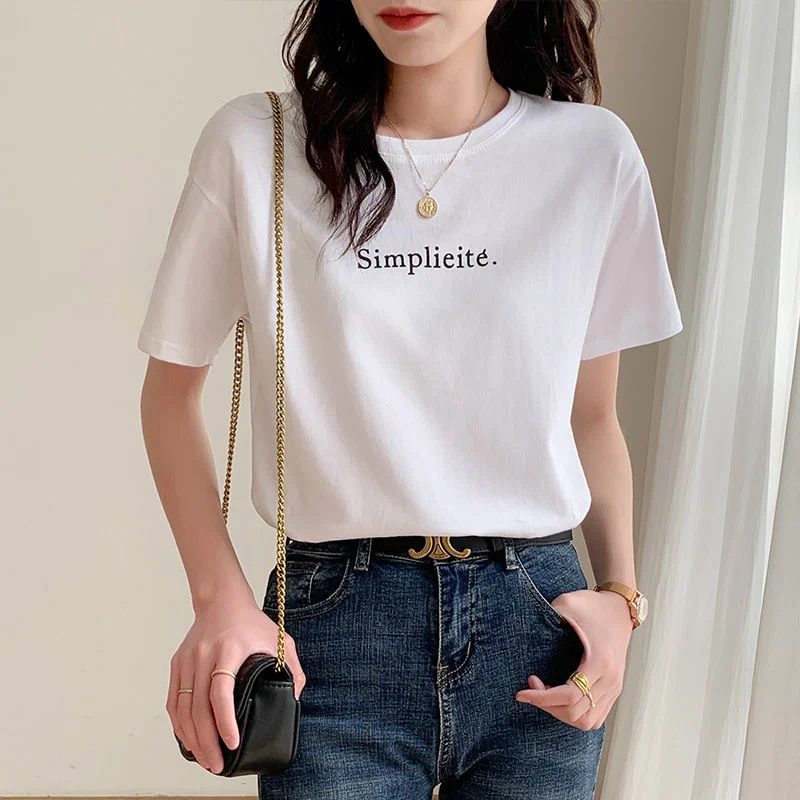 Women T-shirt Cotton Letter Printed Short Sleeve Simple Fashion Top Bottomed Shirt Casual Pullover Ladies Top Female Clothing
Women T-shirt Cotton Letter Printed Short Sleeve Simple Fashion Top Bottomed Shirt Casual Pullover Ladies Top Female Clothing