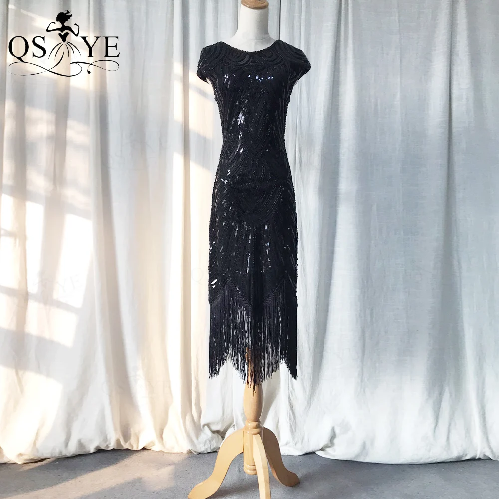 

Black Cocktail Dresses Beaded Sequin Fringe Bottom Tassels Sheath Stretchy Prom Gown Scoop neck Cap-sleeved Short Party Dress