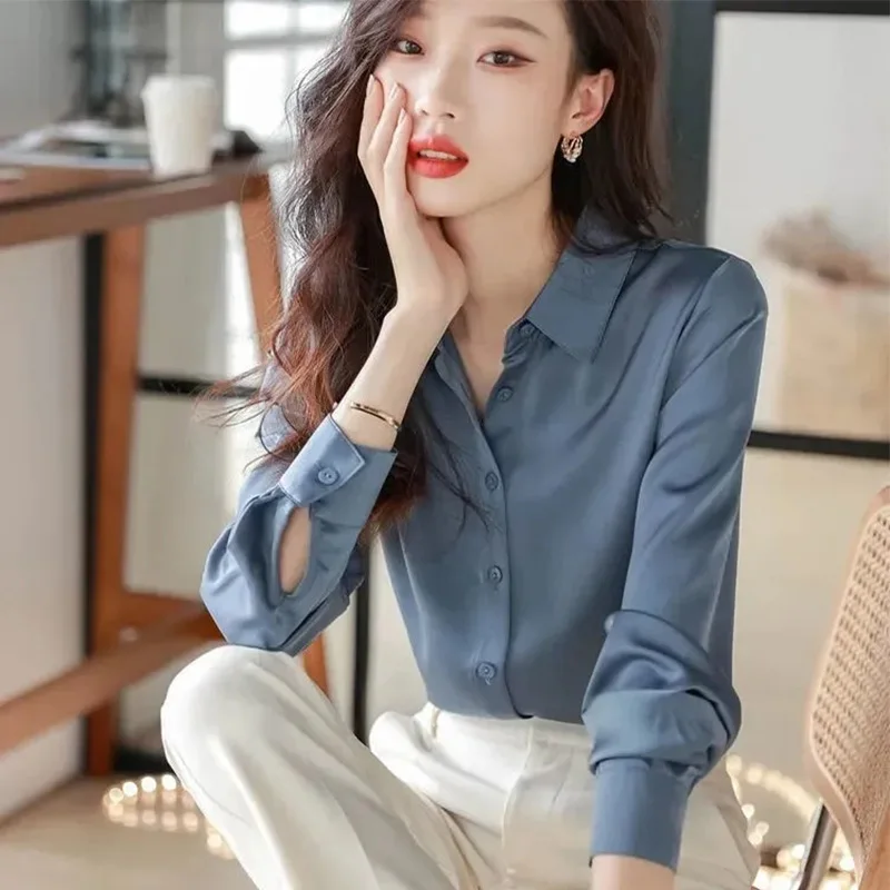 2023 Spring Summer Women Elegant Satin Smooth Buttons Fashion Shirt Women's Top Shirts Luxury Tops Clothes Blouse Long 
2023 Spring Summer Women Elegant Satin Smooth Buttons Fashion Shirt Women's Top Shirts Luxury Tops Clothes Blouse Long