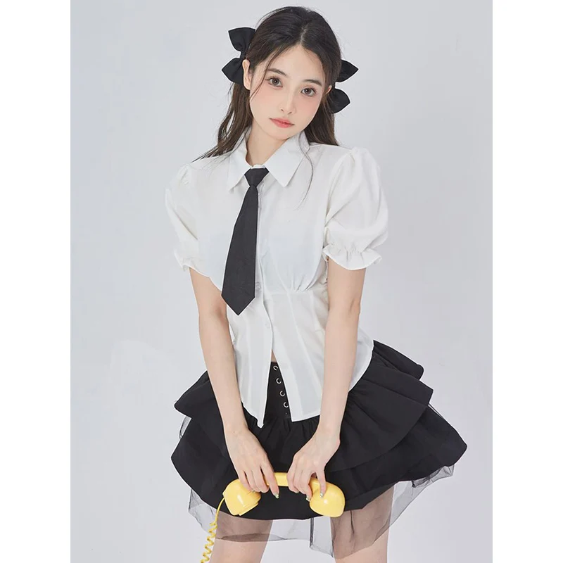 Милые летние женские рубашки, Элегантная блузка с пышными рукавами JK в стиле преппи для студентов, приталенная Блузка для девочек Y2K, повседневные офисные женские топы, новинка 2023 
Милые летние женские рубашки, Элегантная блузка с пышными рукавами JK в стиле преппи для студентов, приталенная Блузка для девочек Y2K, повседневные офисные женские топы, новинка 2023