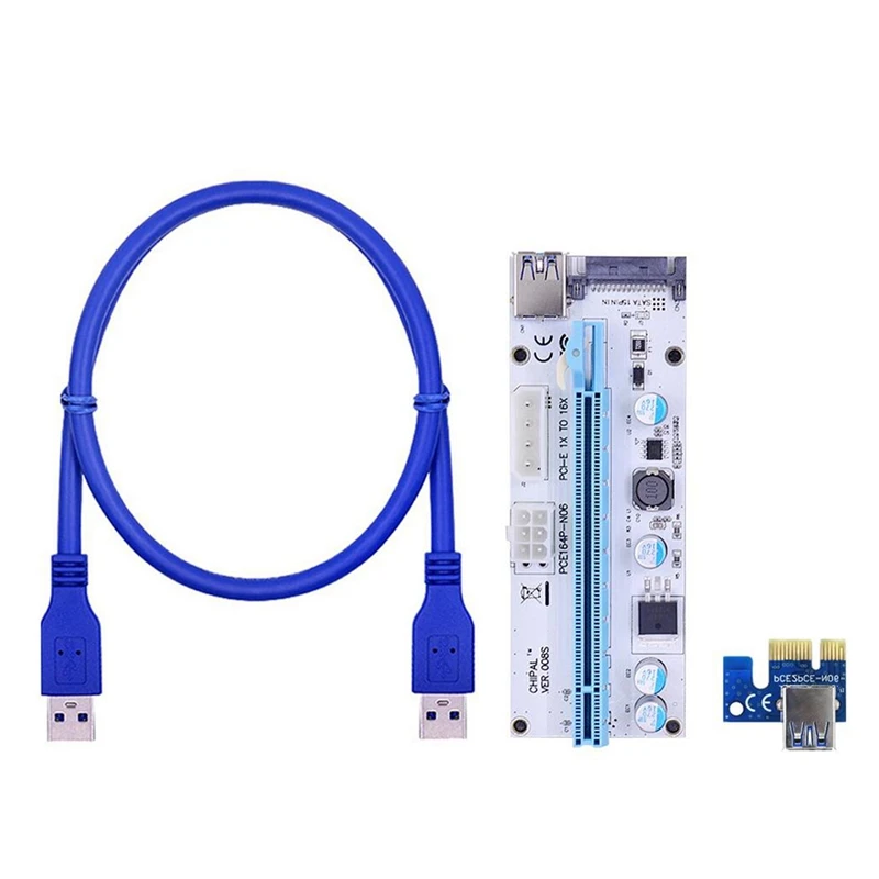 

10 шт., Райзер-карта VER008S 3 в 1 Molex 4Pin SATA 6PIN PCIE PCI-E PCI Express, кабель 008 1X до 16X USB 3,0 для майнинга