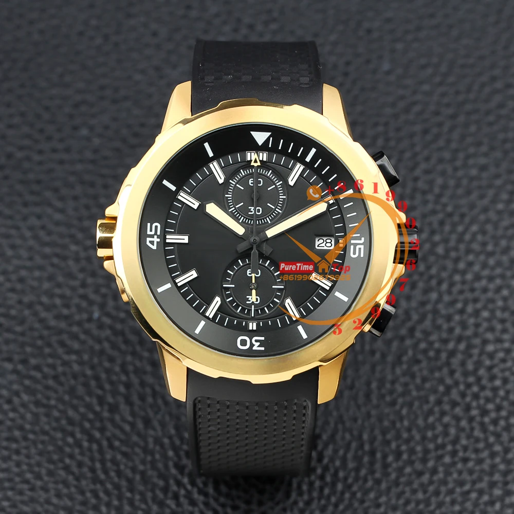 

379503 Miyota Quartz Chronograph Mens Watch 44mm 18K Yellow Gold Black Dial Rubber Puretime 2023 Luxury Top Brand New Stopwatch