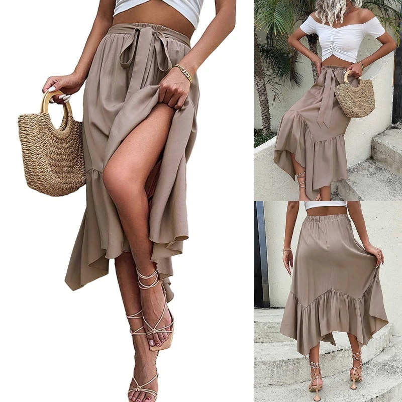 

95AB Asymmetrical Ruffle Hem Skirts for Women Casual A Line High Low Skirt Belted High Waist Flowy Pleated Midi Skirts Gift