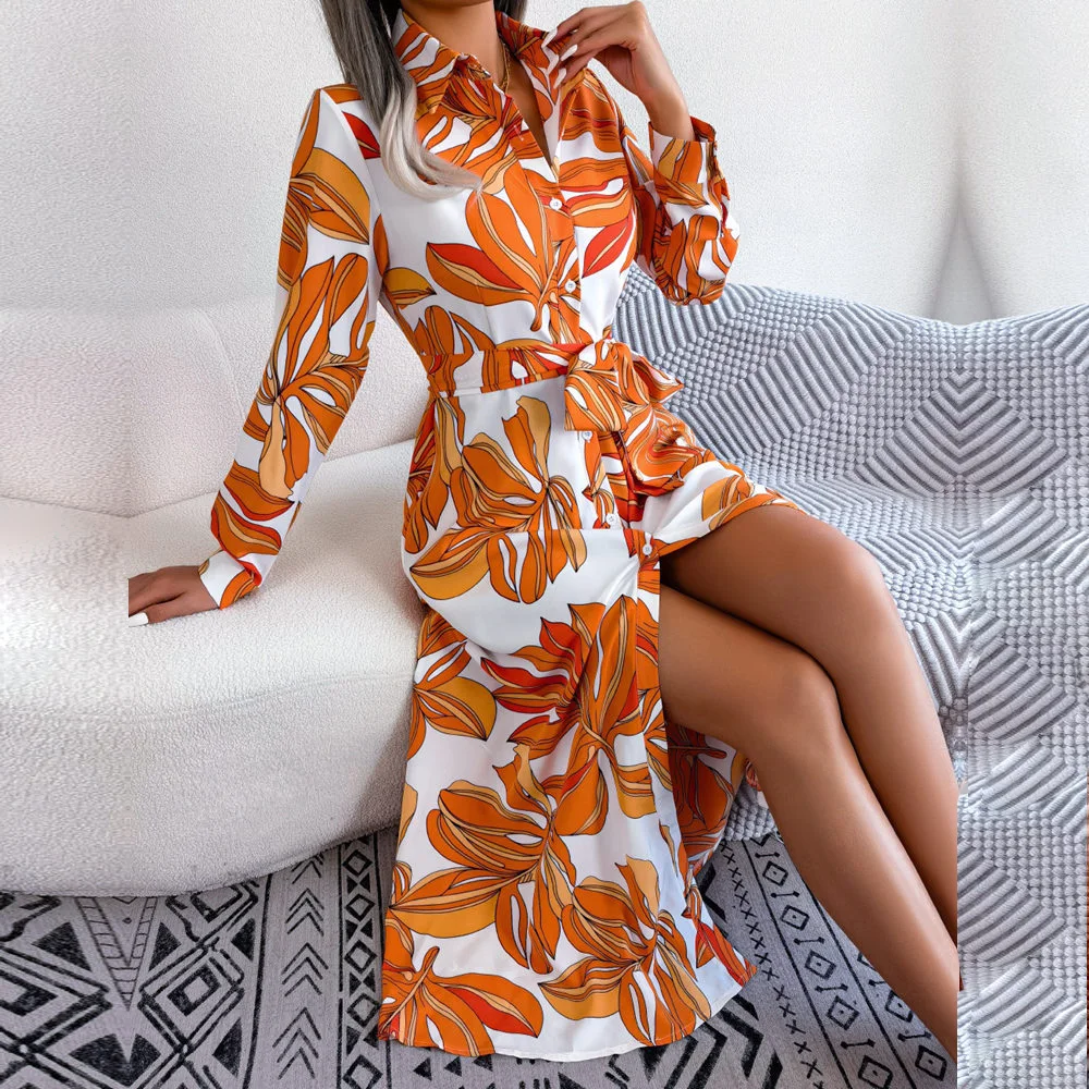 

Женское однобортное платье-рубашка, длинное платье с контрастным цветочным принтом и поясом на воротнике, весна-лето 2023