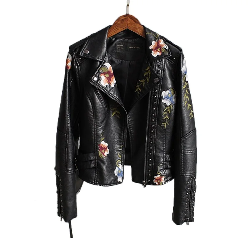 Women Floral Print Embroidery Faux Soft Leather Jacket Coat Turn-down Collar Casual Pu Motorcycle Black Punk Outerwear
Women Floral Print Embroidery Faux Soft Leather Jacket Coat Turn-down Collar Casual Pu Motorcycle Black Punk Outerwear