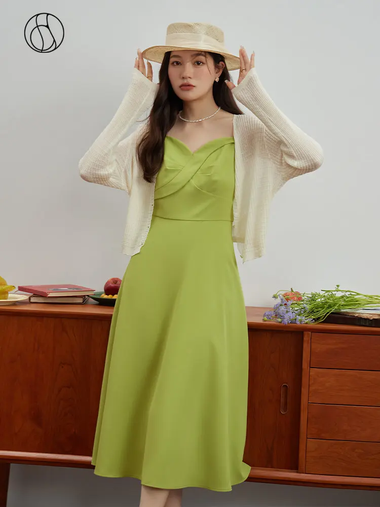 

DUSHU Elegant Solid Color Long Suspender Dress 2023 Summer Office Lady Heart-shaped Collar Simple Sheer Style Suspender Skirts