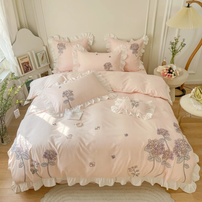 

100%Cotton Pink Girls Bedding Set Soft Washed Cotton Flowers Embroidery Quilt Cover Set Flat/Fitted Sheet Pillowcases Bedclothes