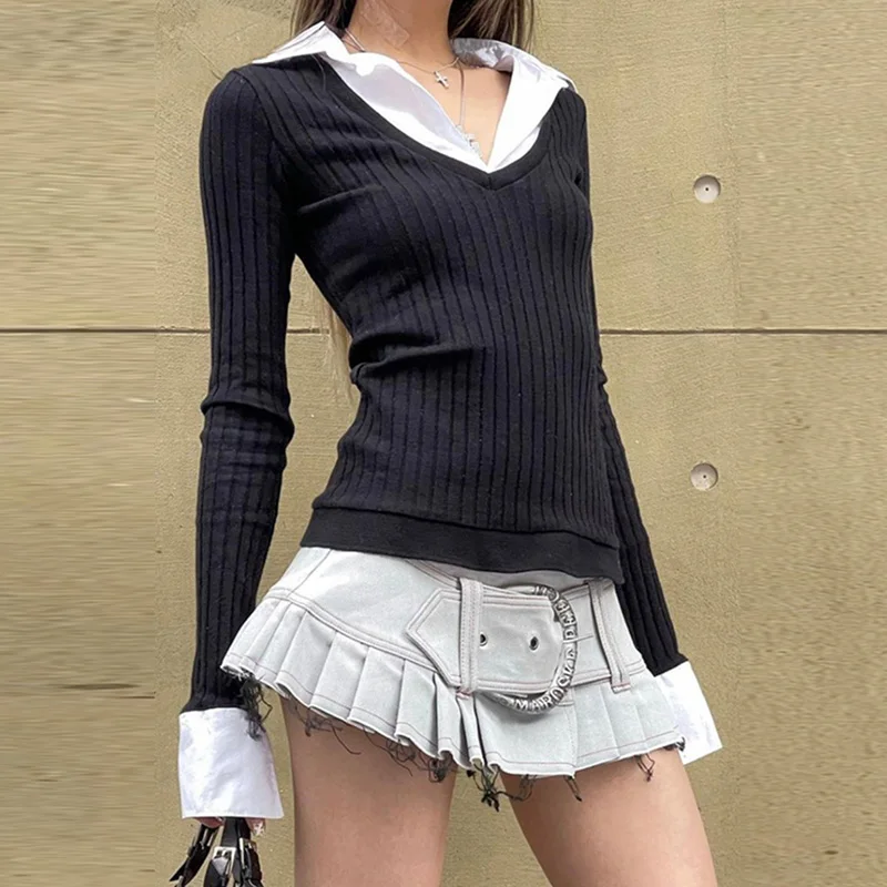 Lygens Turn Down Collar Long Sleeve Rib Spliced Black Women'S Tshirts Tops 2023 Y2K Streetwear Wholesale Club Korean Clothing
Lygens Turn Down Collar Long Sleeve Rib Spliced Black Women'S Tshirts Tops 2023 Y2K Streetwear Wholesale Club Korean Clothing