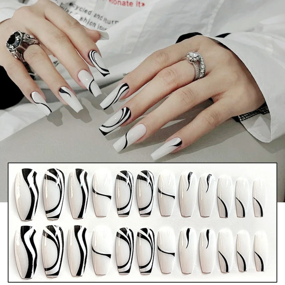 24PCS Long Press on Nails Cute Black Lines Design Fake Nails Full Coverage Nails Removable with Glue/Jelly Gel TO
24PCS Long Press on Nails Cute Black Lines Design Fake Nails Full Coverage Nails Removable with Glue/Jelly Gel TO