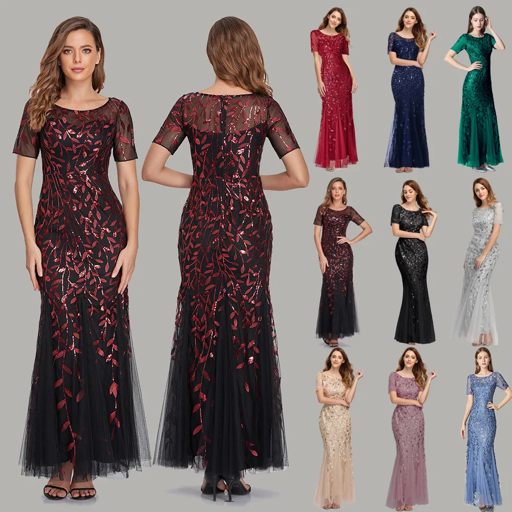 

2022 Spring and Summer New Banquet Host Slim Sexy Mesh Sequined Evening Dress Fishtail Dress Female Party Dress O-Neck
