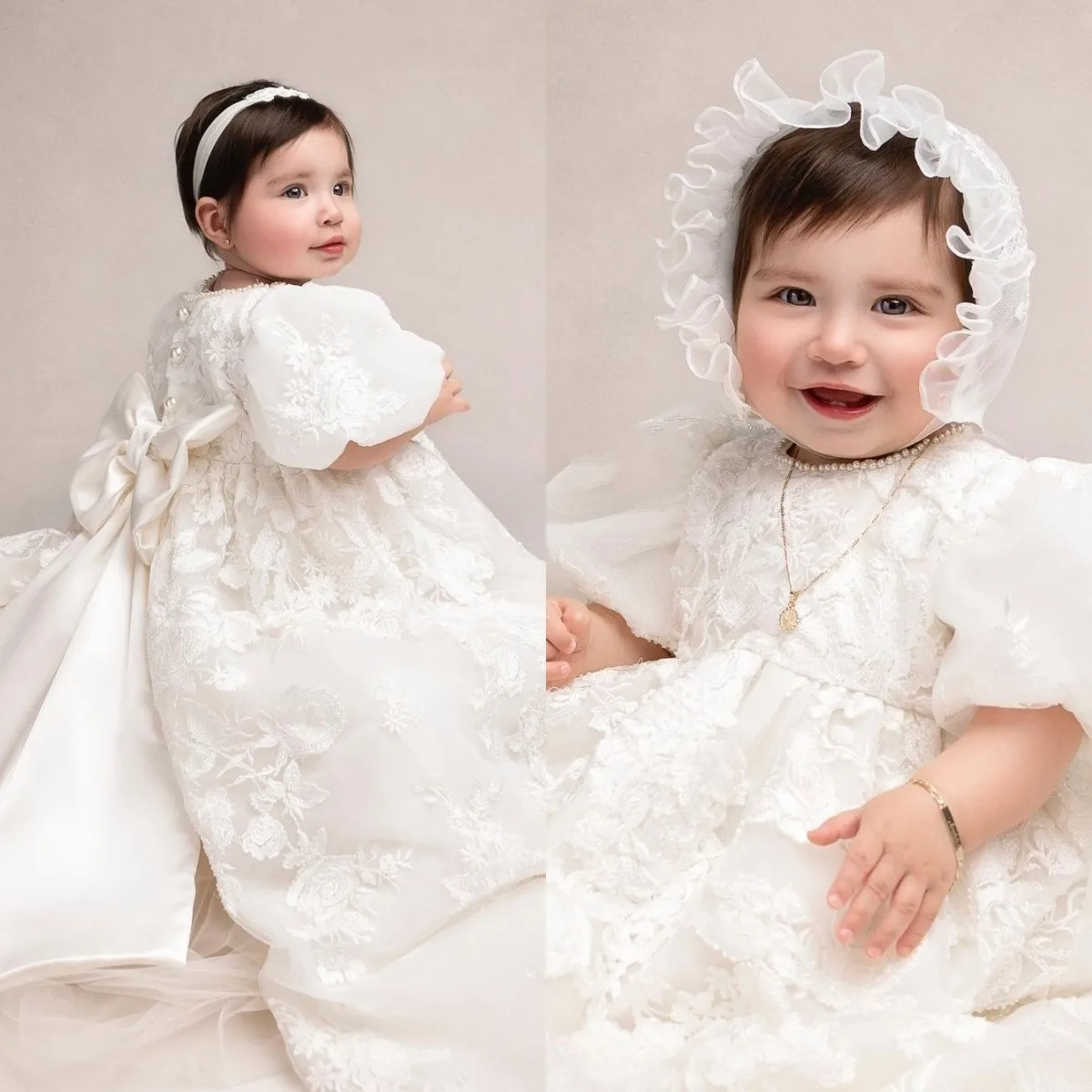 

Luxury Long Baptism Dress for Baby Flower Girls Dresses Short Sleeve Fluffy Christening Gowns Girl's Blessing Dress