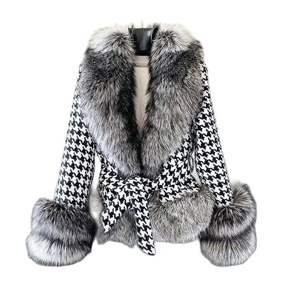 

Winter Women houndstooth Coats With Imitation Fox Fur sleeves and collar Cashmere Wool Blends Outerwear Ladies Streetwear Belt