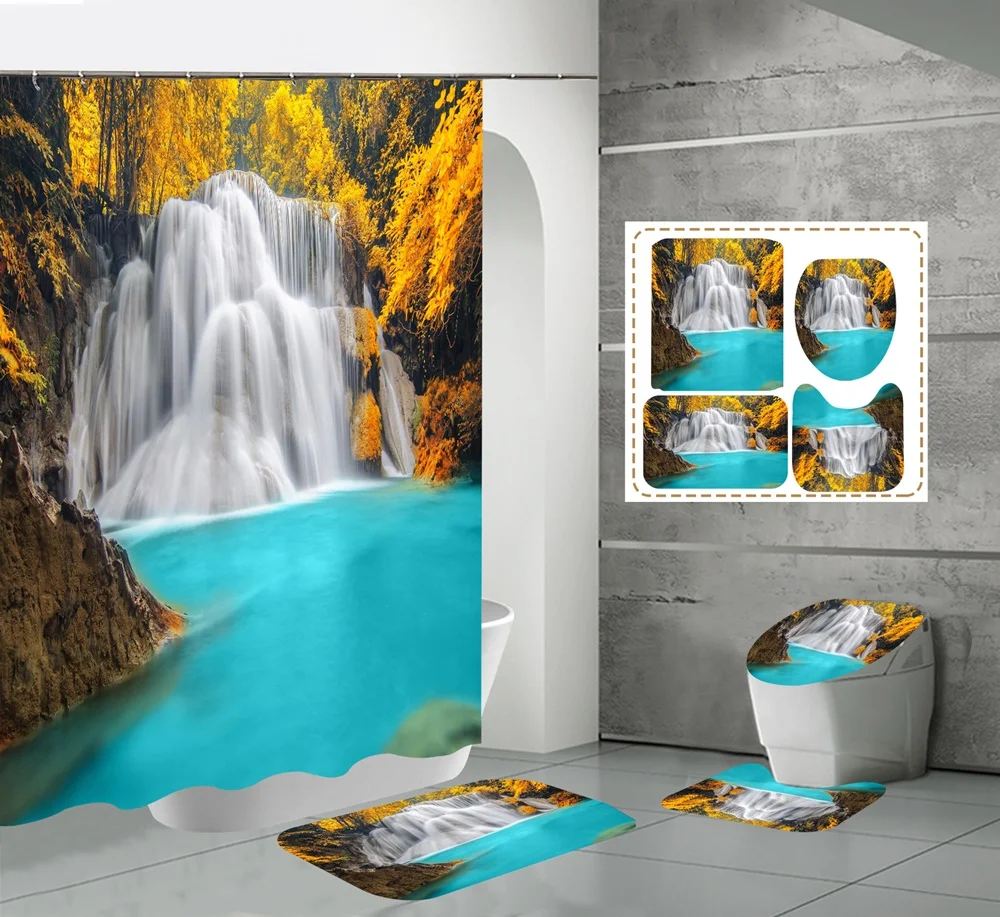 

Natural Scenery Forest Waterfall Shower Curtain Sets Modern Tree Lake Water Bathroom Bathtub Decor Rug Bath Mat Toilet Cover Set