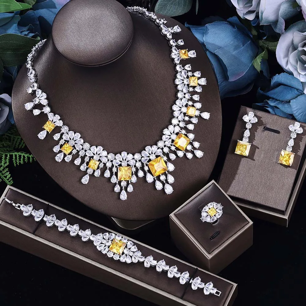 Popular Luxury Bridal Jewelry Set Zircon Necklace Earrings Four Piece Copper Fashion Necklace/Earrings/Ring/Bracelet for Women
Popular Luxury Bridal Jewelry Set Zircon Necklace Earrings Four Piece Copper Fashion Necklace/Earrings/Ring/Bracelet for Women