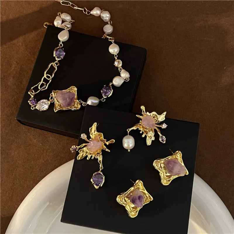 

2023 French Palace Purple Floating Light Butterfly Collection Necklace Earrings Freshwater Pearl Crystal Zircon Clavicle Chain