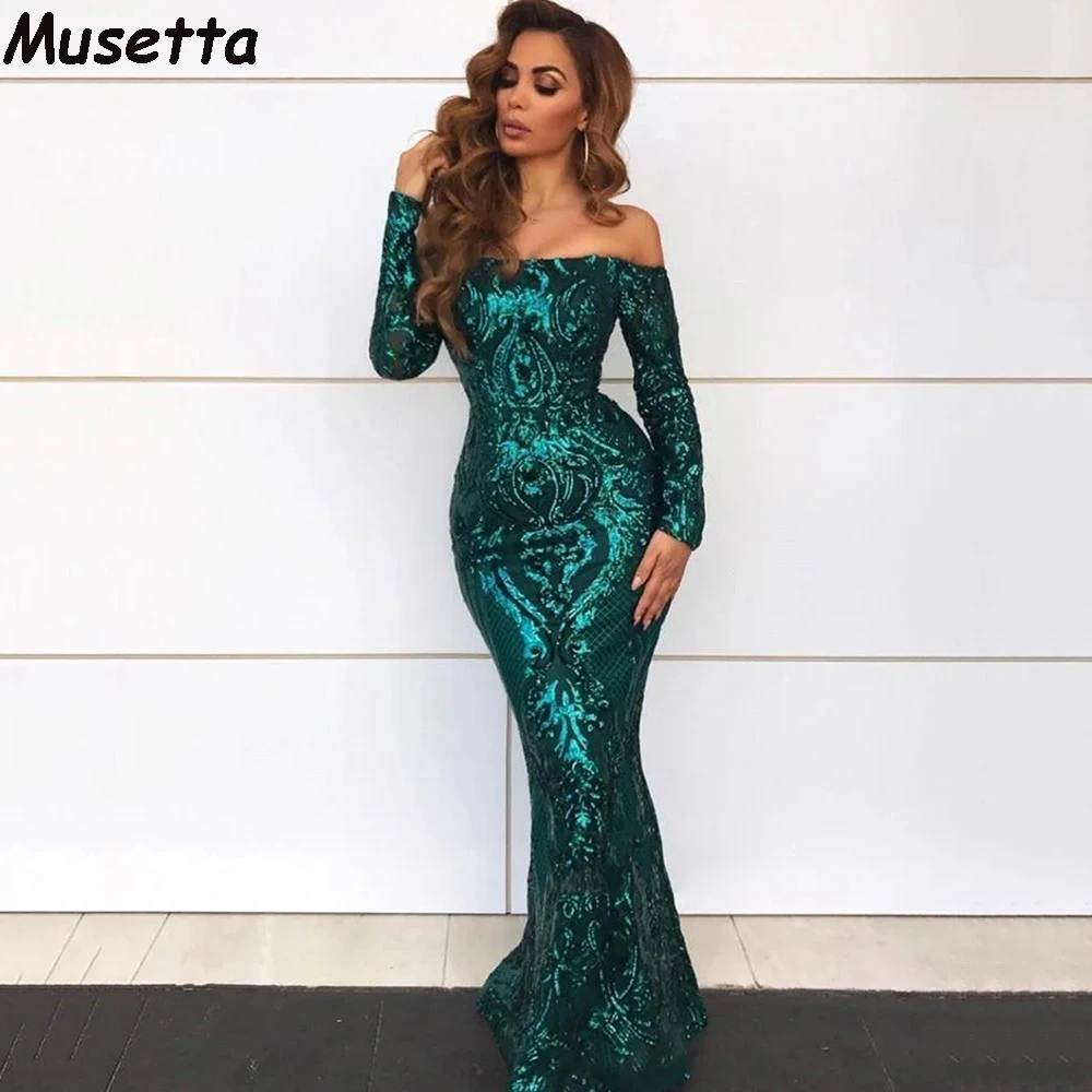 

Musetta Vintage Arabic Emerald Green Mermaid Evening Dresses Sexy Off Shoulders Elegant Long Sleevs Lace Sequined Prom Gowns