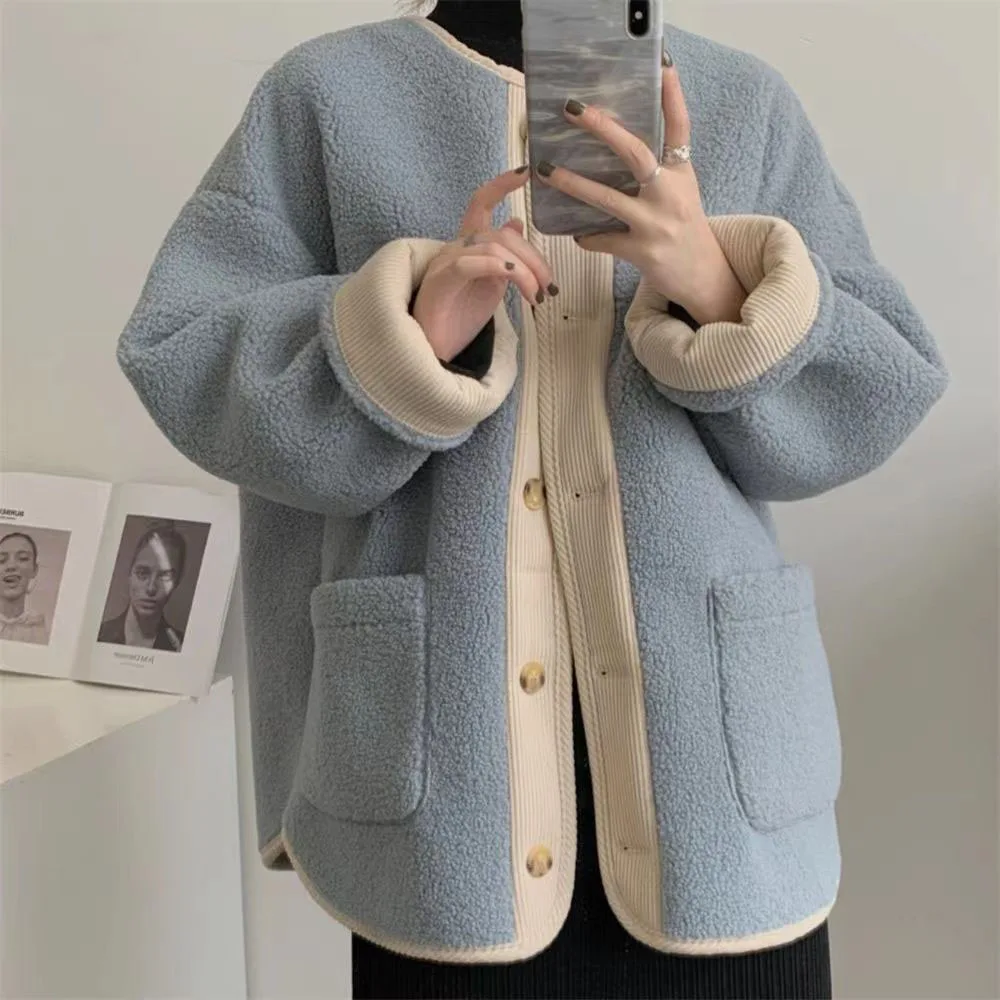 Korean Fashion Lamb Wool Jacket Women Round Neck Single Breasted Fluffy Coat Woman Autumn Winter Long Sleeve Warm Jackets Ladies
Korean Fashion Lamb Wool Jacket Women Round Neck Single Breasted Fluffy Coat Woman Autumn Winter Long Sleeve Warm Jackets Ladies