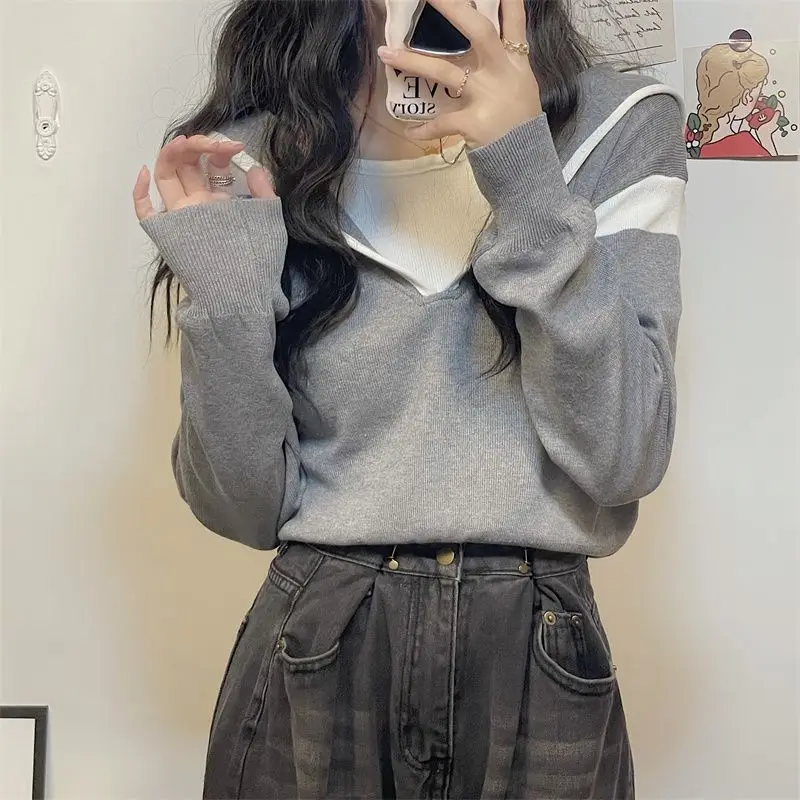 Yasuk Autumn Winter Casual Pullover Women's Girl Simple Preppy Style Solid Patchwork Stripes Knitted Hooded Fake Two Piece
Yasuk Autumn Winter Casual Pullover Women's Girl Simple Preppy Style Solid Patchwork Stripes Knitted Hooded Fake Two Piece