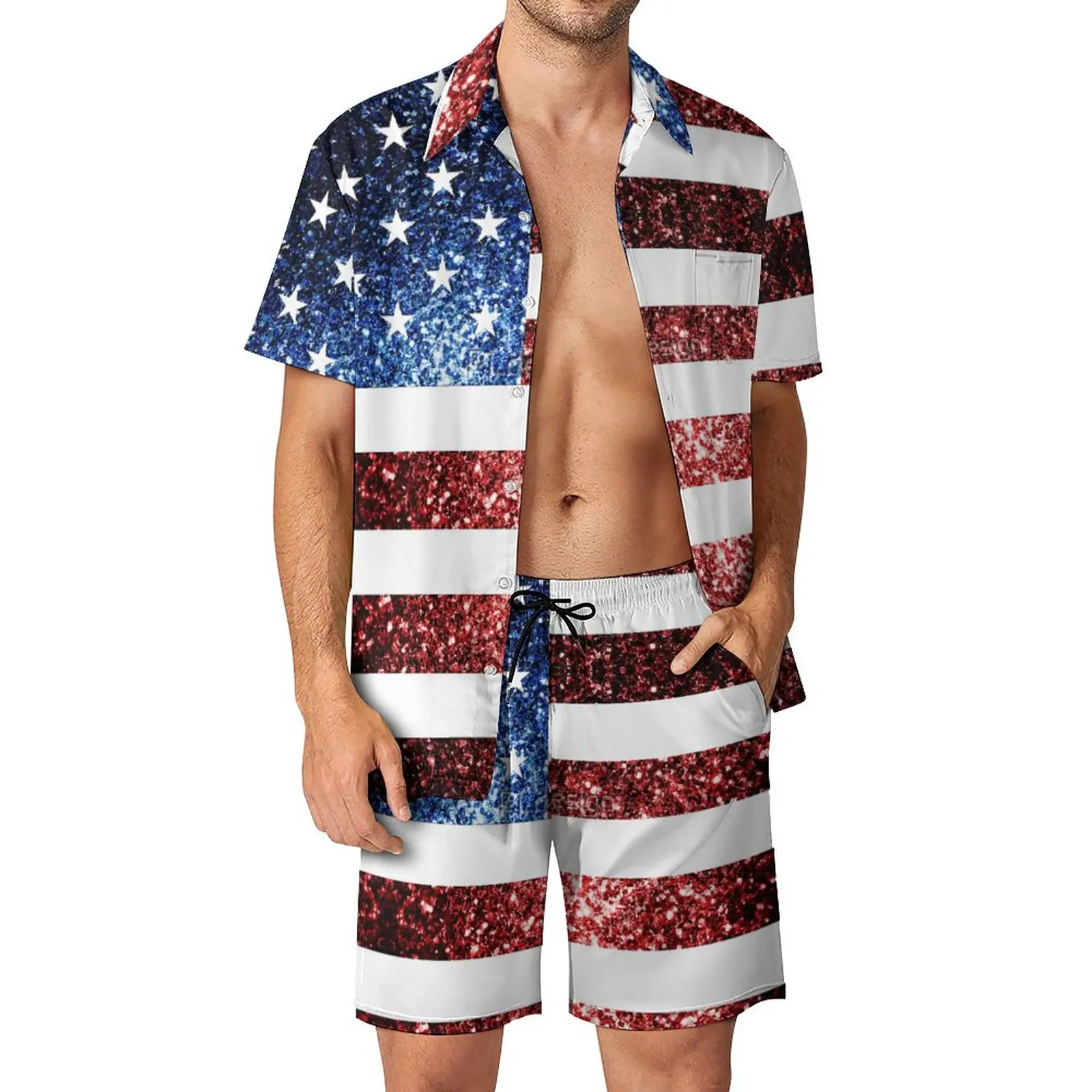 

USA Flag Red Blue Sparkles Glitters Men's Beach Suit Premium 2 Pieces Coordinates top Quality Home USA Size