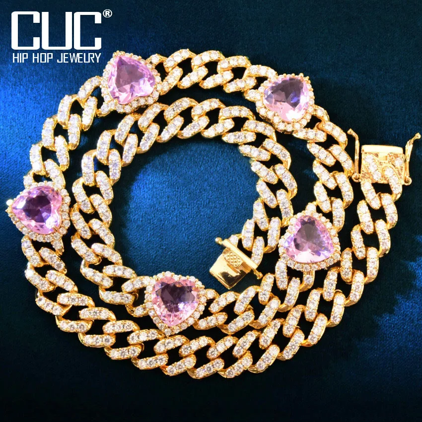 

Ожерелье CUC в форме розового сердца, 9 мм, кубинская цепочка Майами, украшенная фианитом, для женщин и мужчин, Ювелирное Украшение в стиле хип-хоп, на подарок