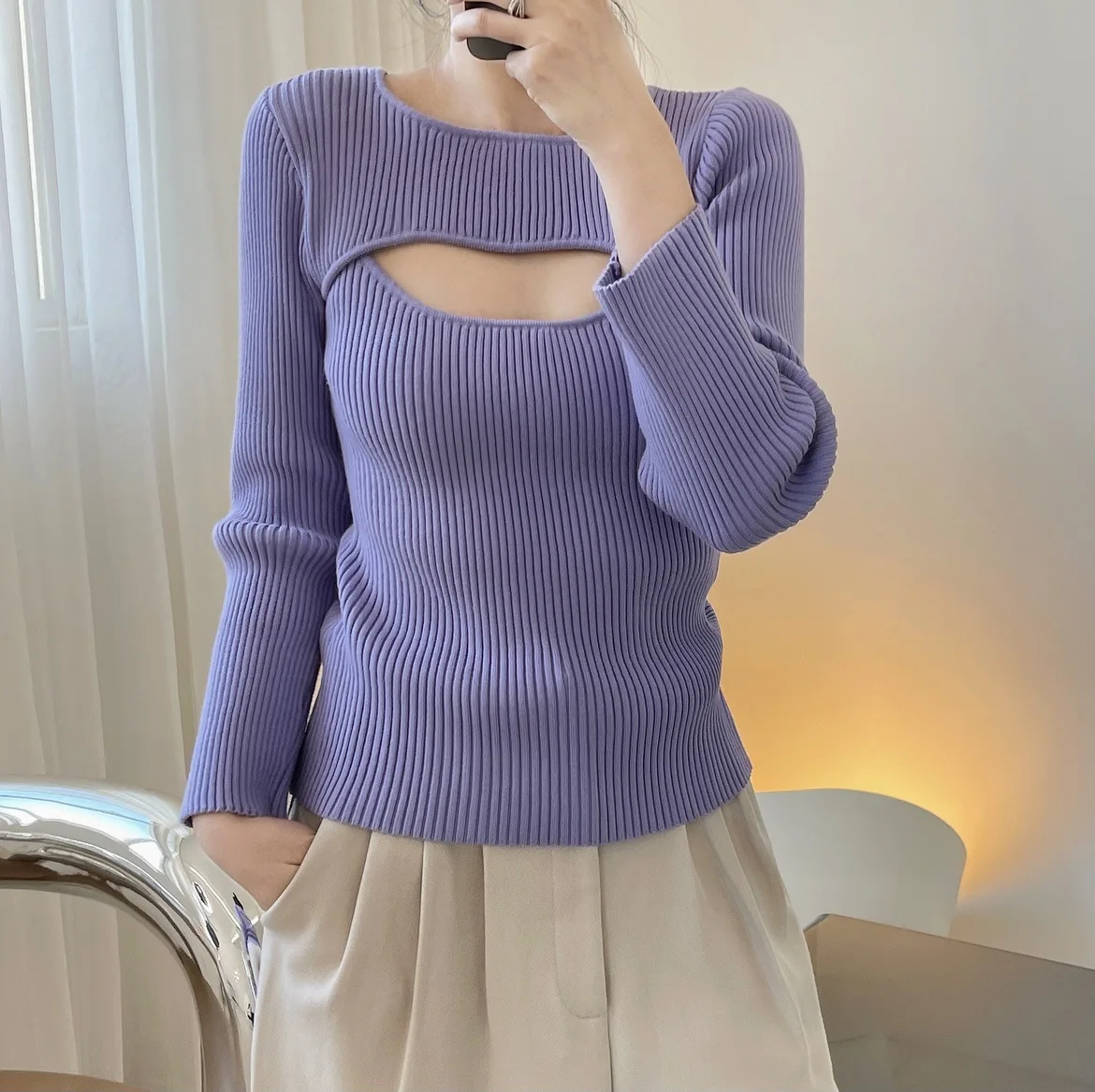 Cut Out Front Sweater Women Knitted Tops Purple Fashion Pullover 2022
Cut Out Front Sweater Women Knitted Tops Purple Fashion Pullover 2022