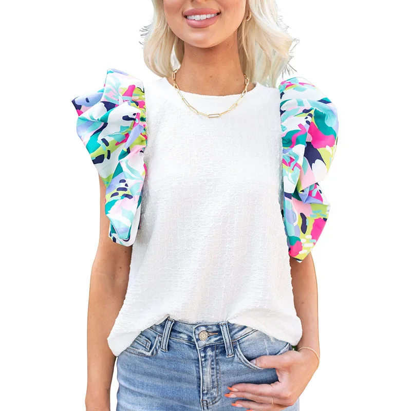 Summer patchwork chiffon tops casual short sleeve pullover blouse women
Summer patchwork chiffon tops casual short sleeve pullover blouse women