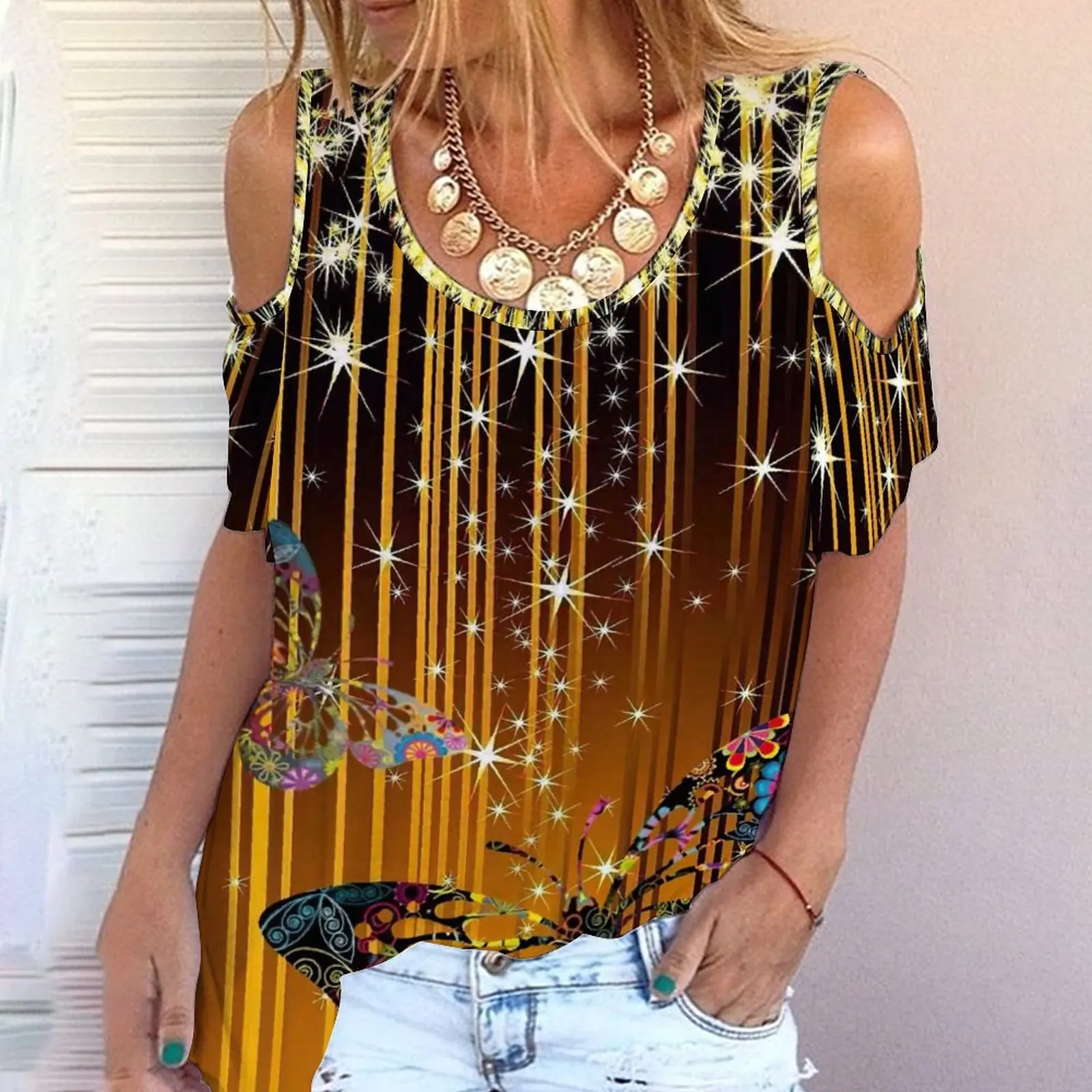 Summer T-shirt European American Women Butterfly Flower 3d Printed Off-The-Shoulder Hollow Off-Shoulder Short-Sleeved T-Shirt
Summer T-shirt European American Women Butterfly Flower 3d Printed Off-The-Shoulder Hollow Off-Shoulder Short-Sleeved T-Shirt