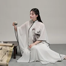 2023 Chinese national style fairy buckle standing collar large tea dress zen dress two piece dress chiffon fairy hanfu dress