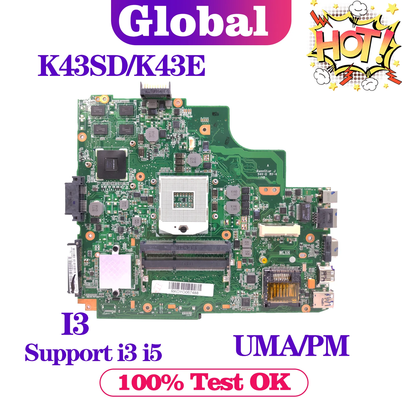 Материнская плата KEFU A43S для ноутбуков ASUS A84S K43SD A83S K43E с подсветкой I3 или