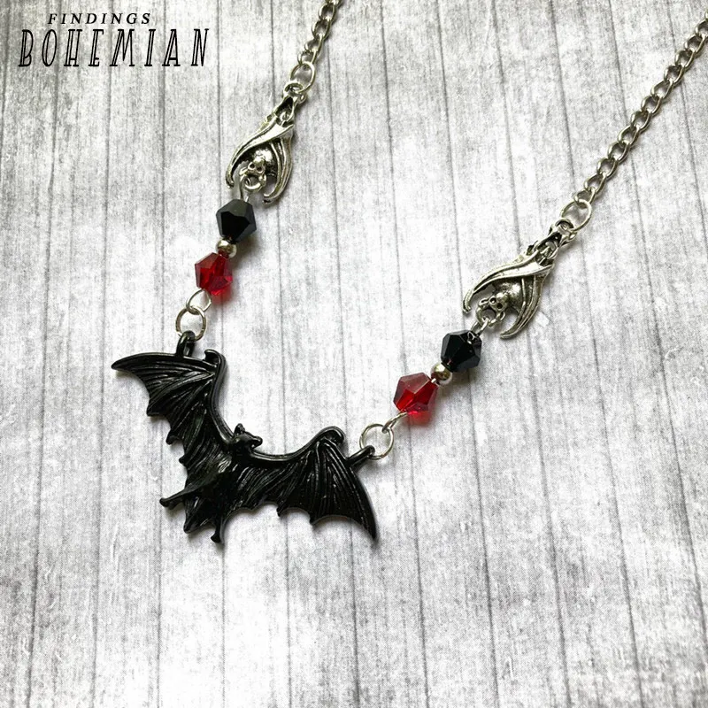 

Black Bat Necklace, Gothic Jewelry, Crystal Beads, Statement Necklace, Halloween, Alternative Jewelry, Gothic Gift,Goth Necklace