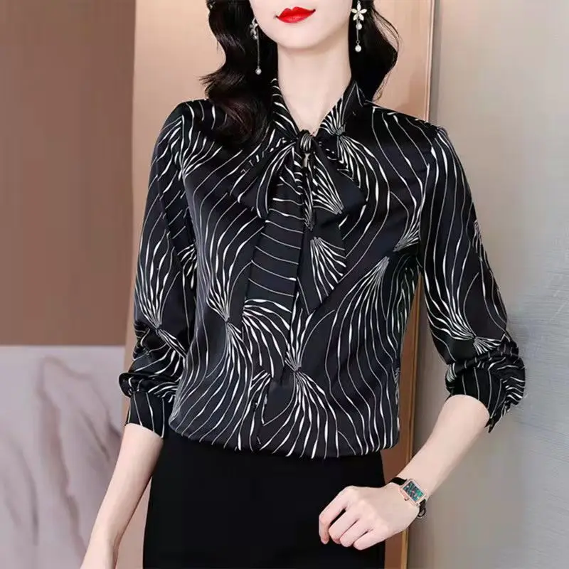 

Ribbon black shirt women 2023 new high grade goddess style high-end top fashion foreign long sleeve shirt blouse female tops