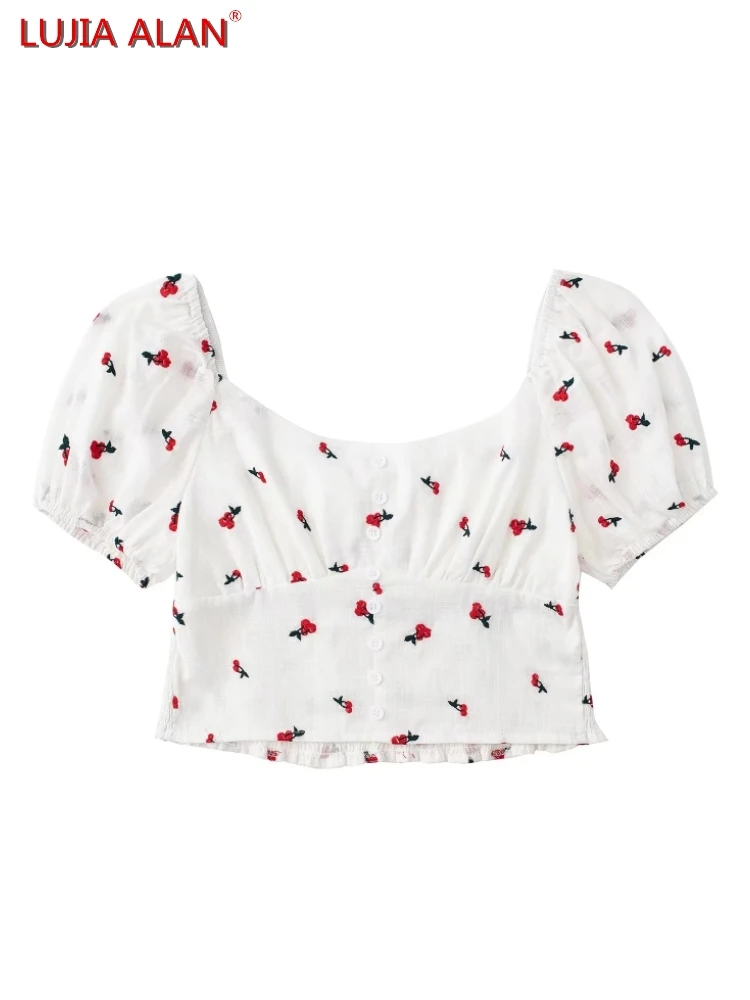 Cherry Embroidery Women Slim Short Shirts Autumn Female Puff Sleeve Blouse Office Lady Tops Blusas LUJIA ALAN B563 
Cherry Embroidery Women Slim Short Shirts Autumn Female Puff Sleeve Blouse Office Lady Tops Blusas LUJIA ALAN B563