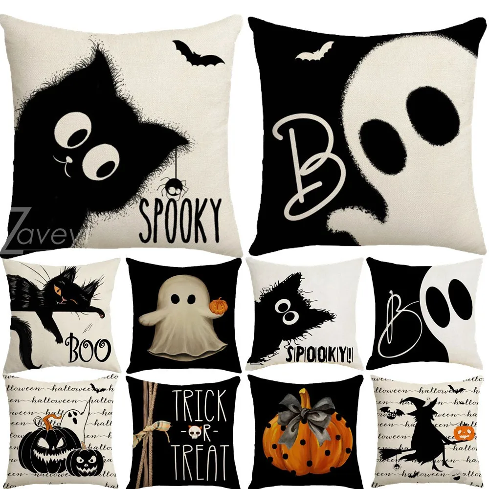 

40/45/50/60cm Funny Black Cat Ghosts Halloween Decor Pillow Case Linen Pillow Cover Pumpkin Bat Print Cushion Cover Child Gifts