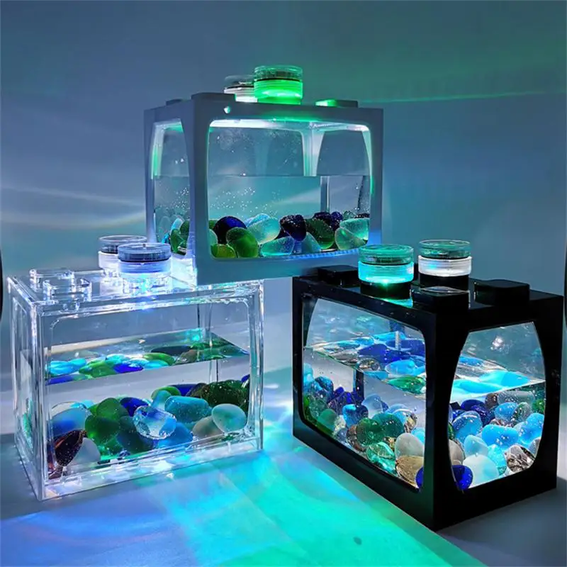 

Новый маленький аквариум со светодиодной подсветкой семь цветов, настольный креативный фотоаквариум, DIY мини-аквариум для тропических рыб