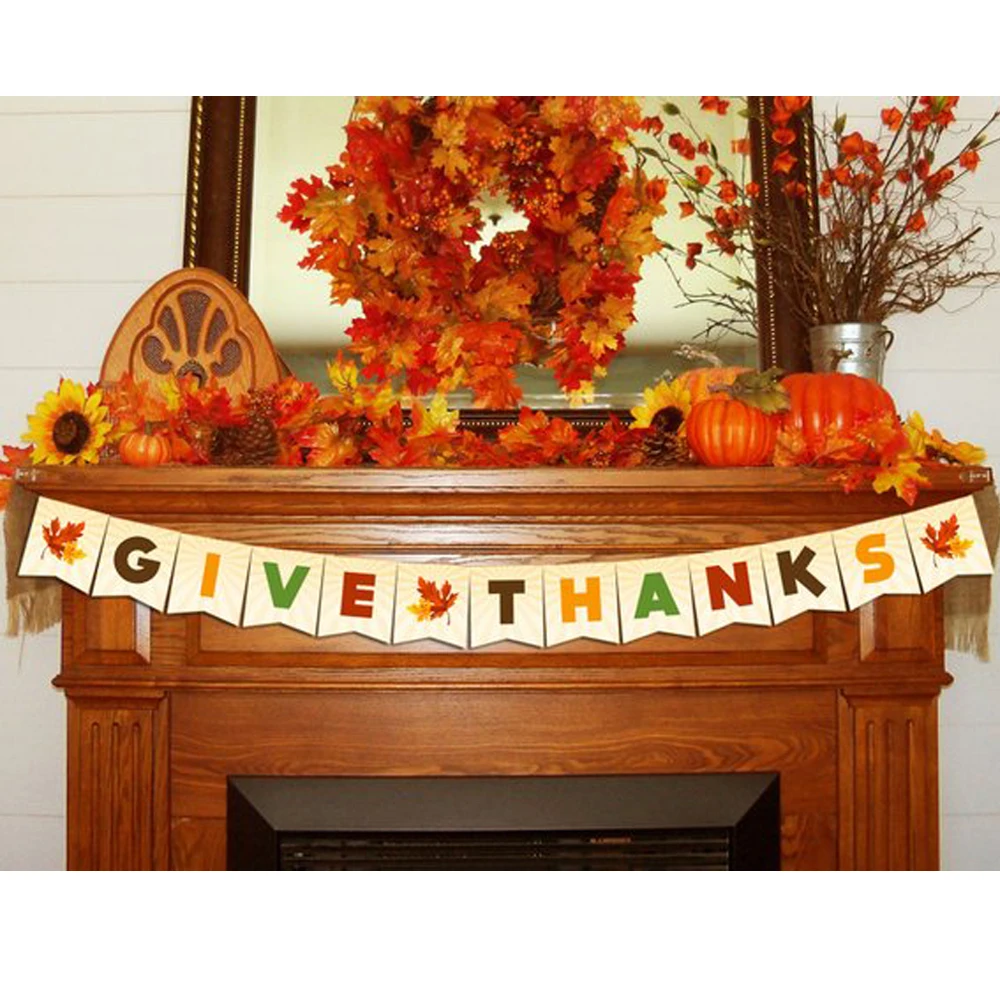 

Thanksgiving Day Party Banner Decoration Give Thanks Autumn Maple Leaves Background Decor Bunting Garland Banners Hanging Flags