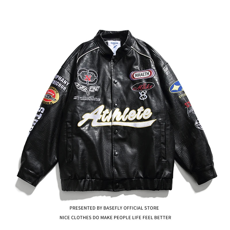 

F1 Race Motorcycle Crocodile PU Leather Sport Embroid Lettermen Men Varsity Bomber Unisex Women Baseball Coat Stadium Award Chic