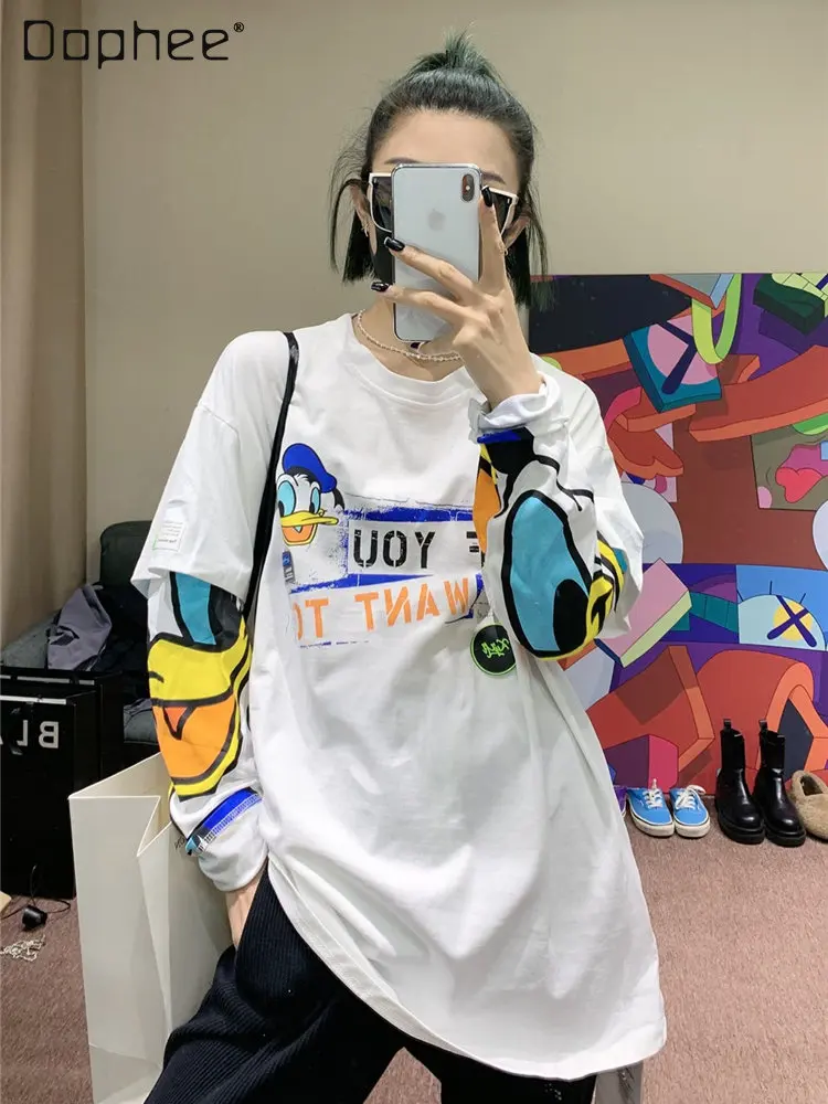 Women's Cartoon Printed White T-shirt Spring Autumn New Round Neck False Two-Piece Pullover Cartoon Long Sleeve Tshirt Fashion
Women's Cartoon Printed White T-shirt Spring Autumn New Round Neck False Two-Piece Pullover Cartoon Long Sleeve Tshirt Fashion