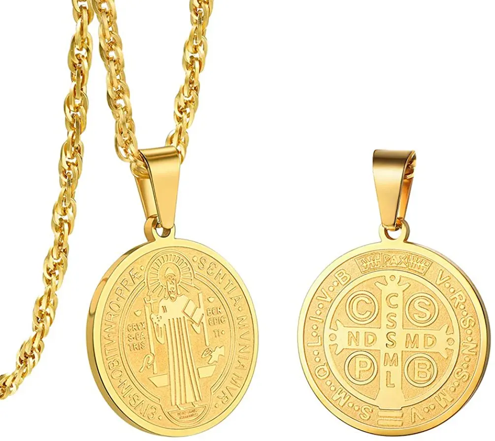 

St Benedict 18K Gold Cross Religious Medal Catholic Men Women Necklace