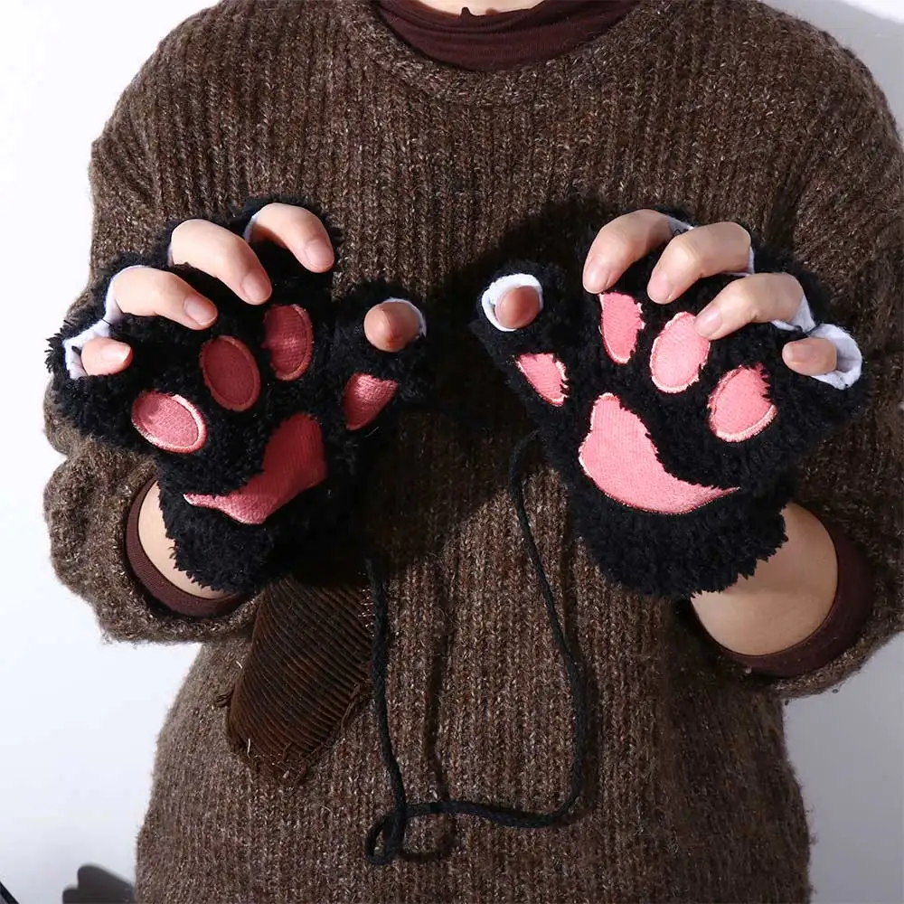 

Women Cartoon Claw Fingerless Gloves Girls Thickened Plush Lovely Bear Paw Fingers Half Finger Winter Warm Gloves