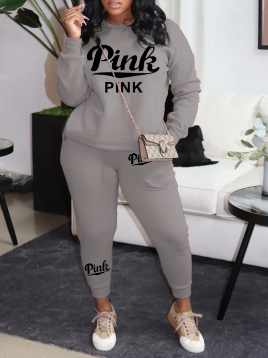 

LW Plus Size set Pink Letter Print Pants Set Women Long Sleeve Sporty Tracksuits Autumn winter warm Casual 2 Piece Pants Set