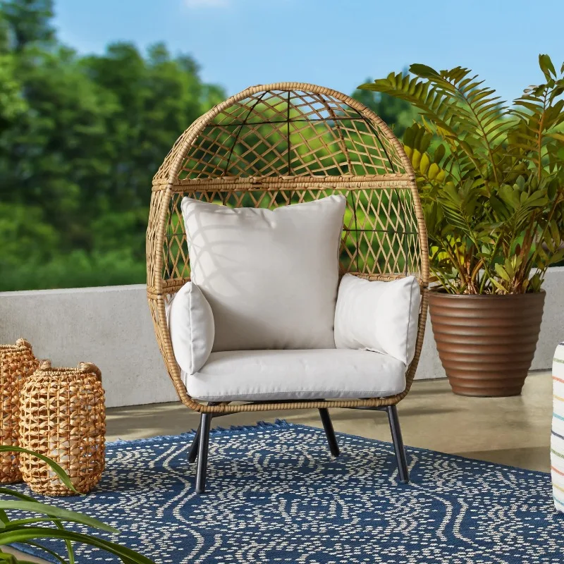 

Лучшие дома и сады детская Вентура наружный Плетеный стационарный стул для яиц с кремовыми подушками для внутреннего дворика