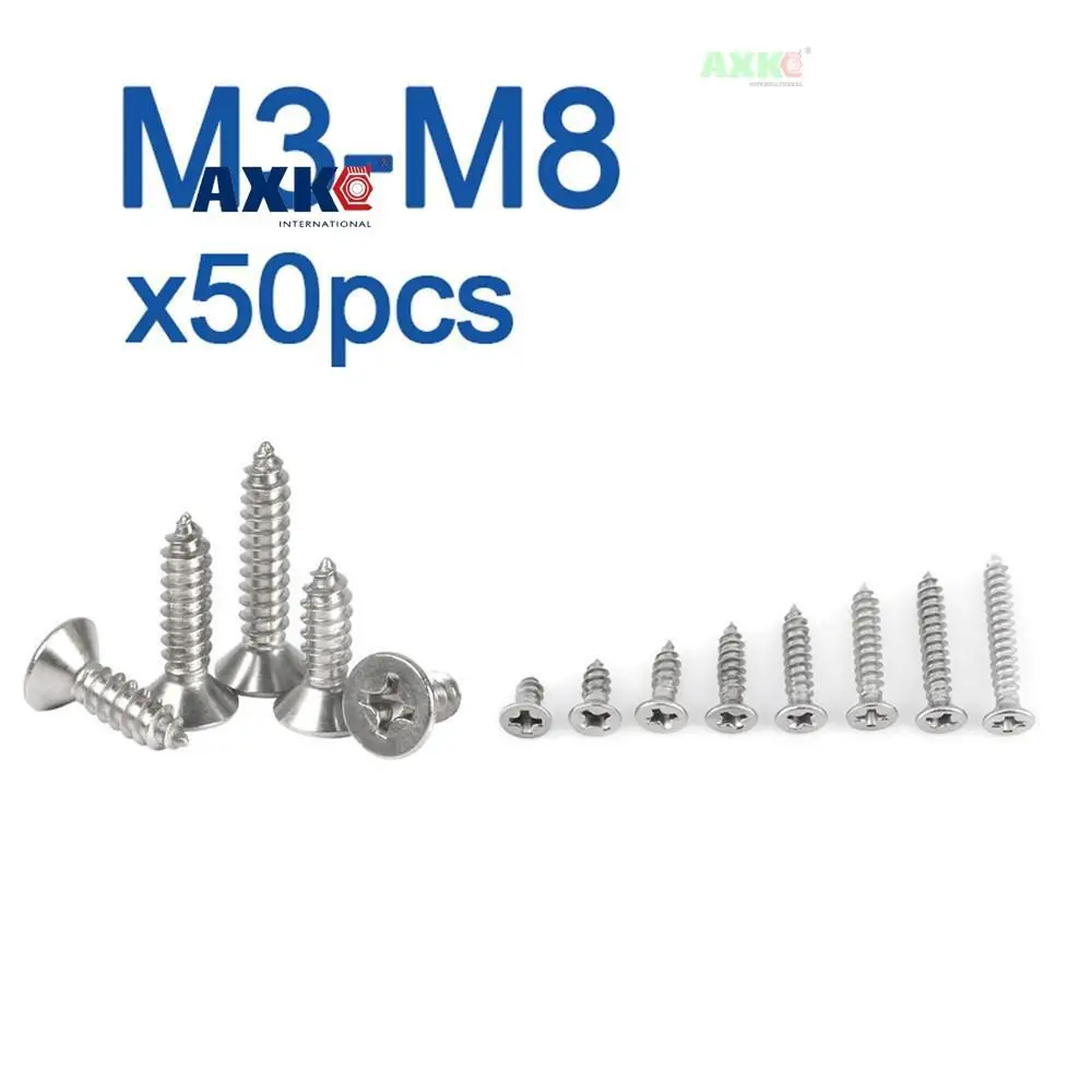 50pcs/lot Cross Recessed Countersunk Flat Head Self-tapping Screw M3 M3.5 M4 M5 M6 M8 Stainless Steel Phillips Furniture Screw
50pcs/lot Cross Recessed Countersunk Flat Head Self-tapping Screw M3 M3.5 M4 M5 M6 M8 Stainless Steel Phillips Furniture Screw