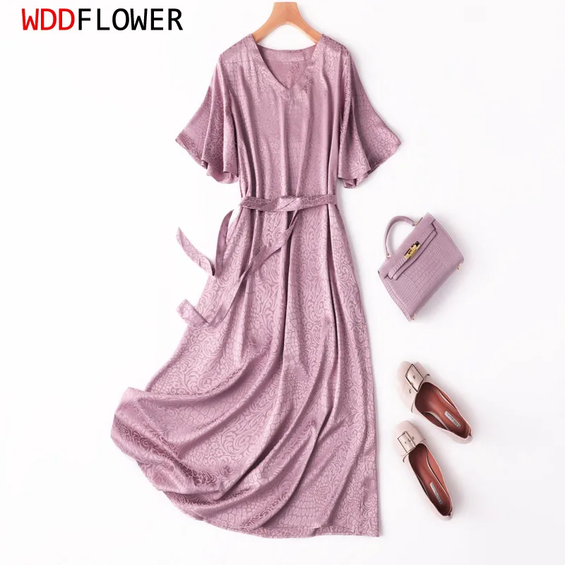Women Silk Midi Dress 93% Mulberry Silk 7% Spandex Jacquard Silk V Neck half sleeve Pink Purple Long Dress belt waist MM499
Women Silk Midi Dress 93% Mulberry Silk 7% Spandex Jacquard Silk V Neck half sleeve Pink Purple Long Dress belt waist MM499
