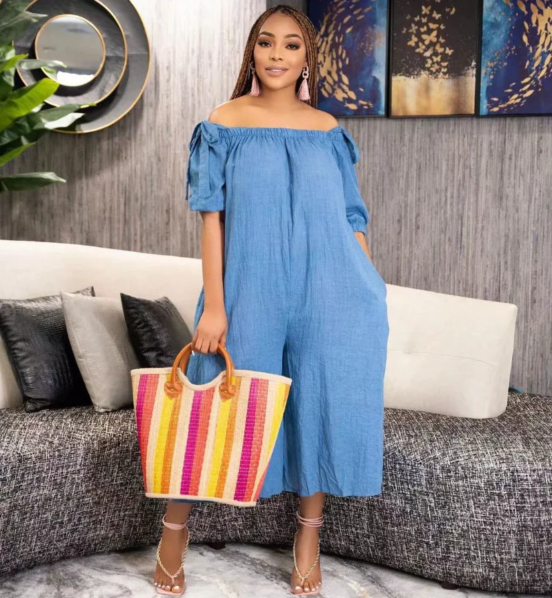 

WUHE Off Shoulder Bowknot Half Sleeve Loose Wide Leg Wrist Jumpsuit 2023 Fashion Women Summer Playsuit One Piece Suit Romper