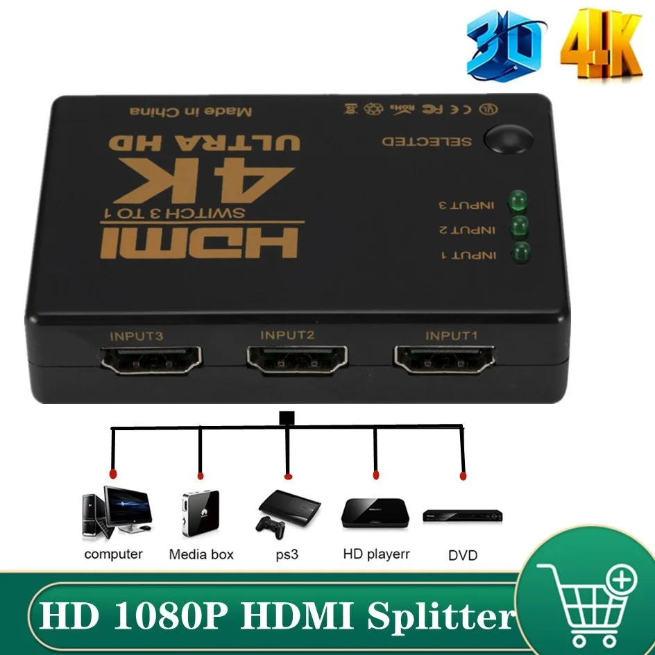HDMI Switch 4K Switcher 3 in 1 out HD 1080P Video Cable Splitter 1x3 Hub Adapter Converter for PS4/3 TV Box HDTV PC
HDMI Switch 4K Switcher 3 in 1 out HD 1080P Video Cable Splitter 1x3 Hub Adapter Converter for PS4/3 TV Box HDTV PC