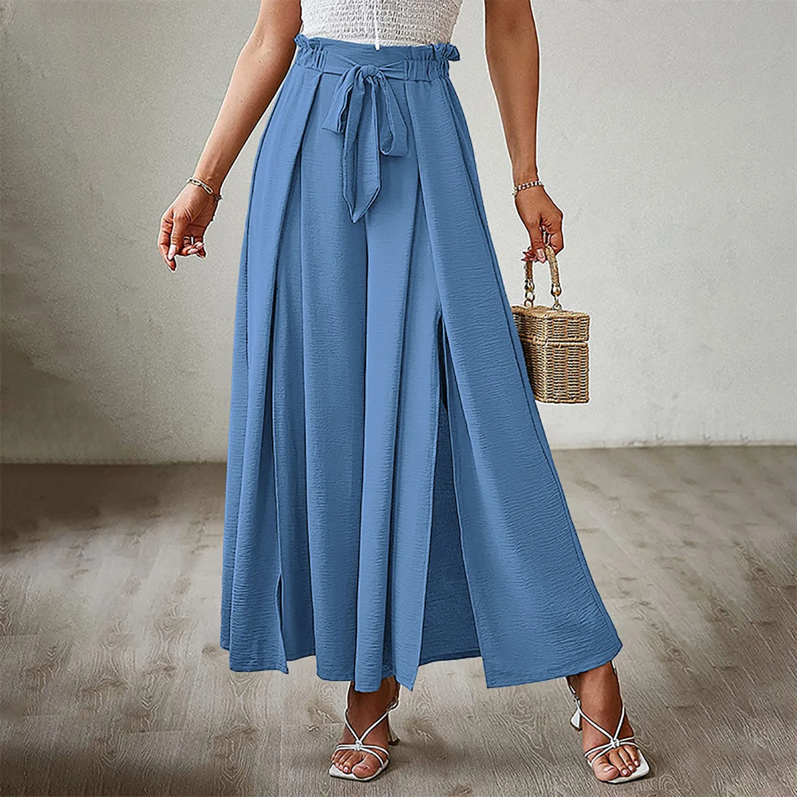 

Styling Women Casual Women's Pure Color Bow Split High Waisted Belted Flowy Wide Leg Pants Women Cotton Jogging Pants for Women