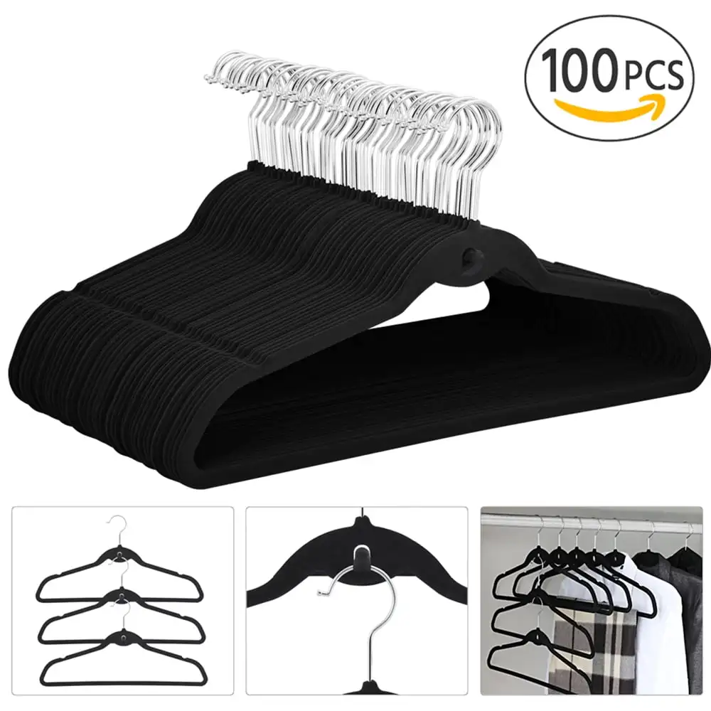 

Easyfashion Нескользящие вешалки для одежды из бархата, 100 шт. в упаковке, черные