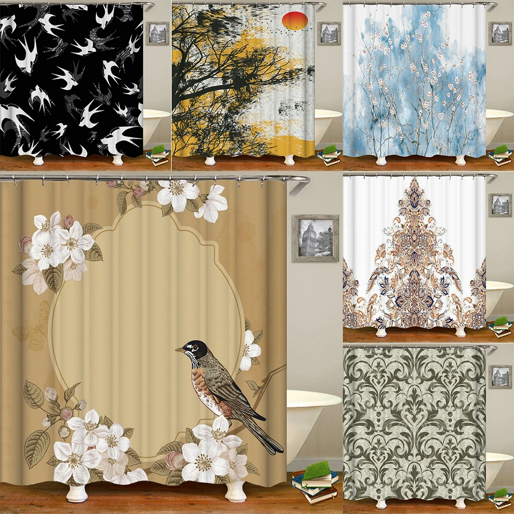 

Декоративная занавеска для ванной комнаты в китайском стиле с цветами и птицами, занавеска для душа из полиэстера с принтом, домашний декор, занавеска для душа с крючками