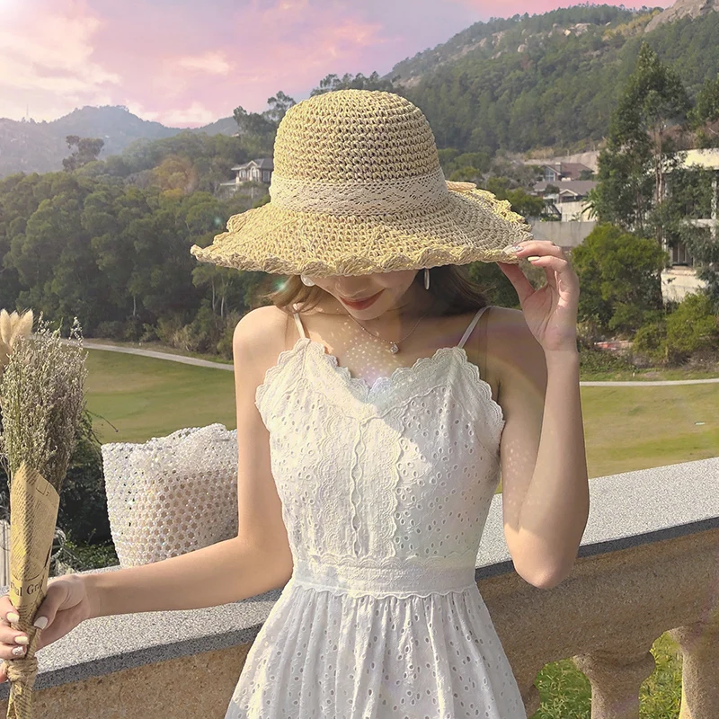 

Straw hat female summer beach large brim sun system sunscreen visor hat travel holiday braided seaside lace lace-up hat