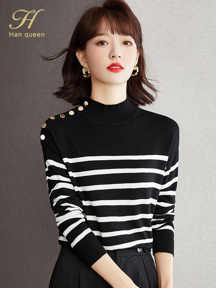 H Han Queen Autumn Winter Tops Korean Knitted Sweater For Women Long Sleeve Stripe Pullover Female Clothing Fashion New 2022
H Han Queen Autumn Winter Tops Korean Knitted Sweater For Women Long Sleeve Stripe Pullover Female Clothing Fashion New 2022